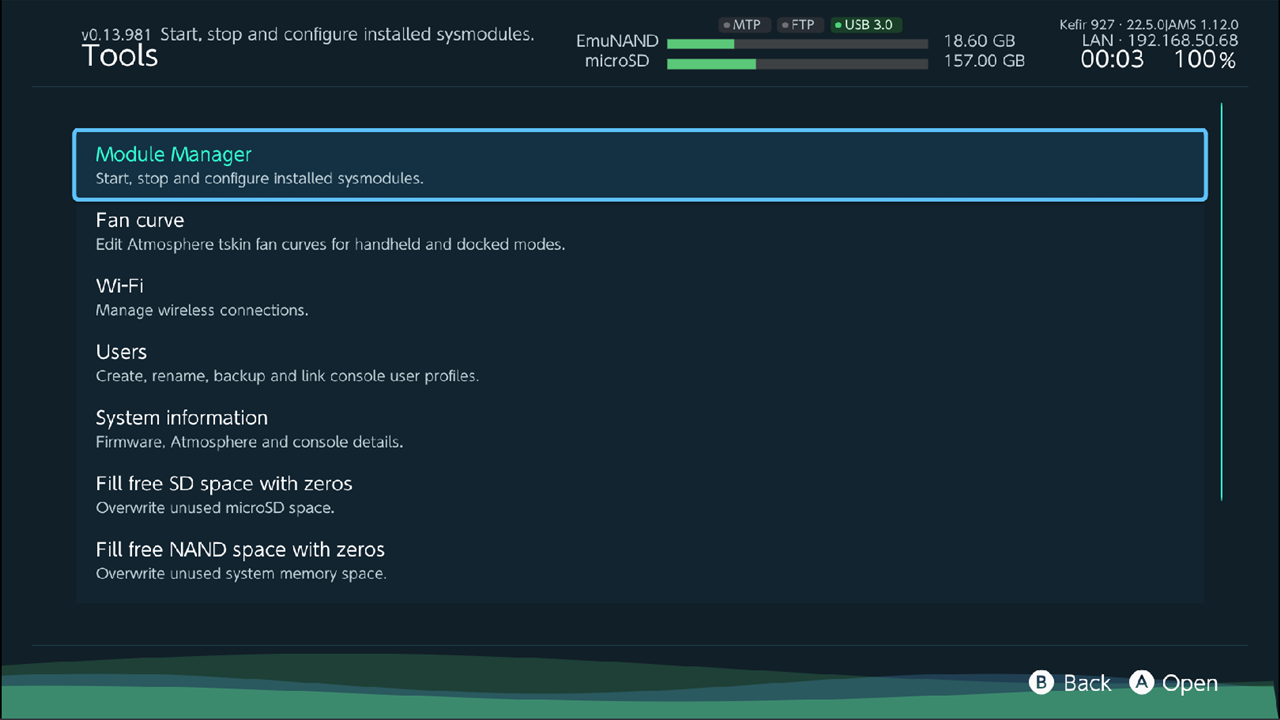 Tools submenu: Module Manager, Fan curve, Wi-Fi, Users and the planned items