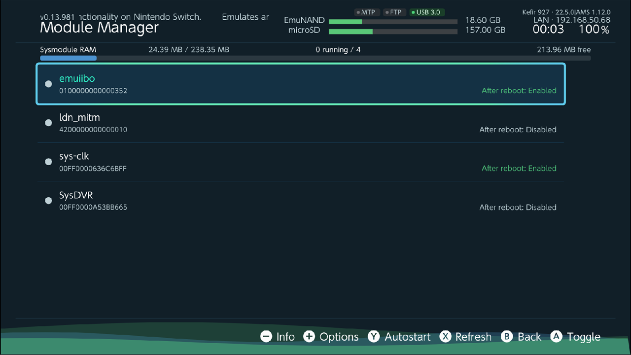 Module Manager list: green/grey dots, RAM per running module, "After reboot: Enabled/Disabled", Sysmodule RAM bar at the top
