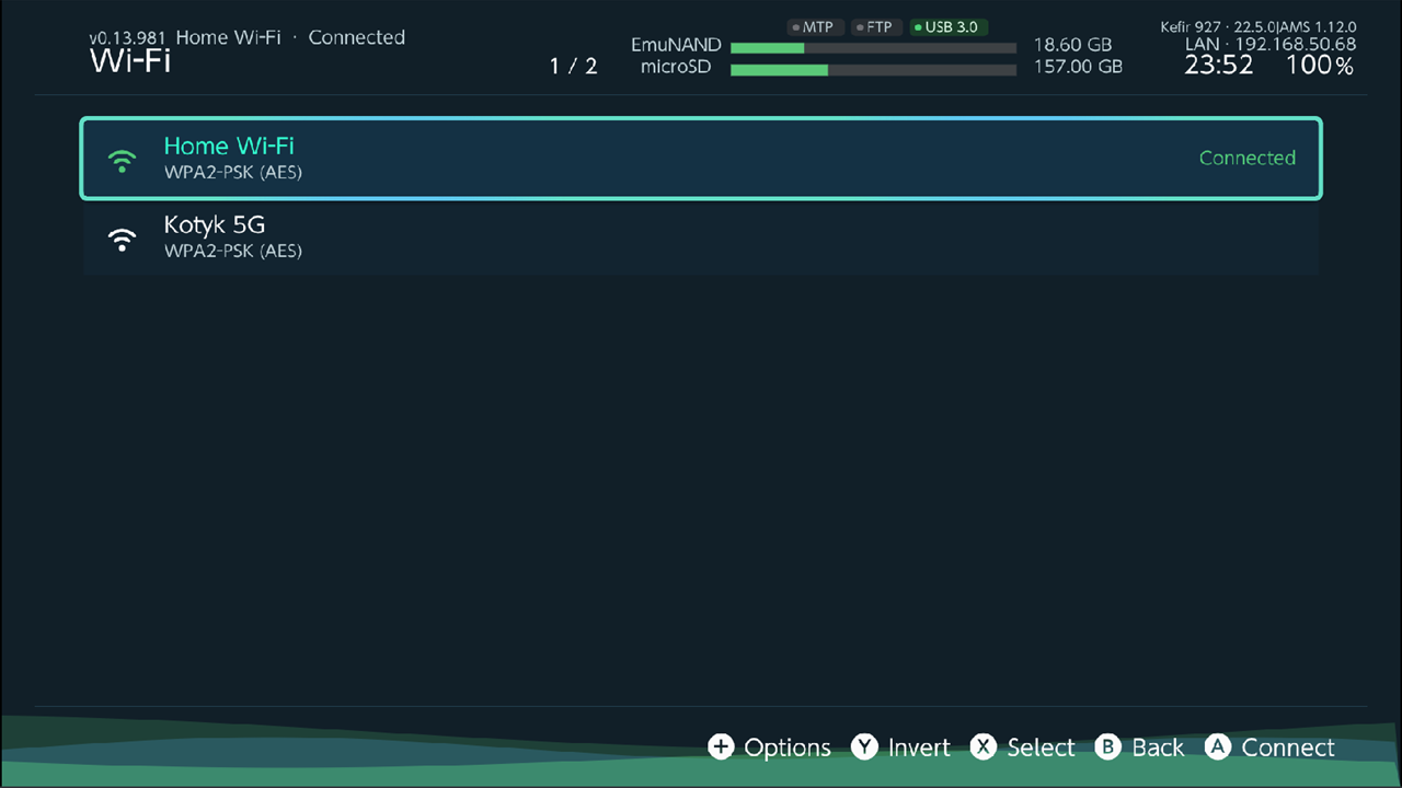 Wi-Fi list with two saved networks, one tagged Connected
