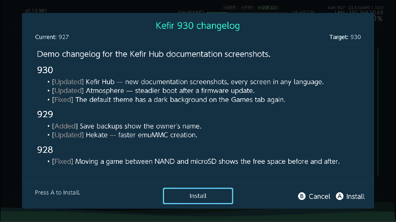 Kefir changelog window scrolled to the bottom, Install button selected