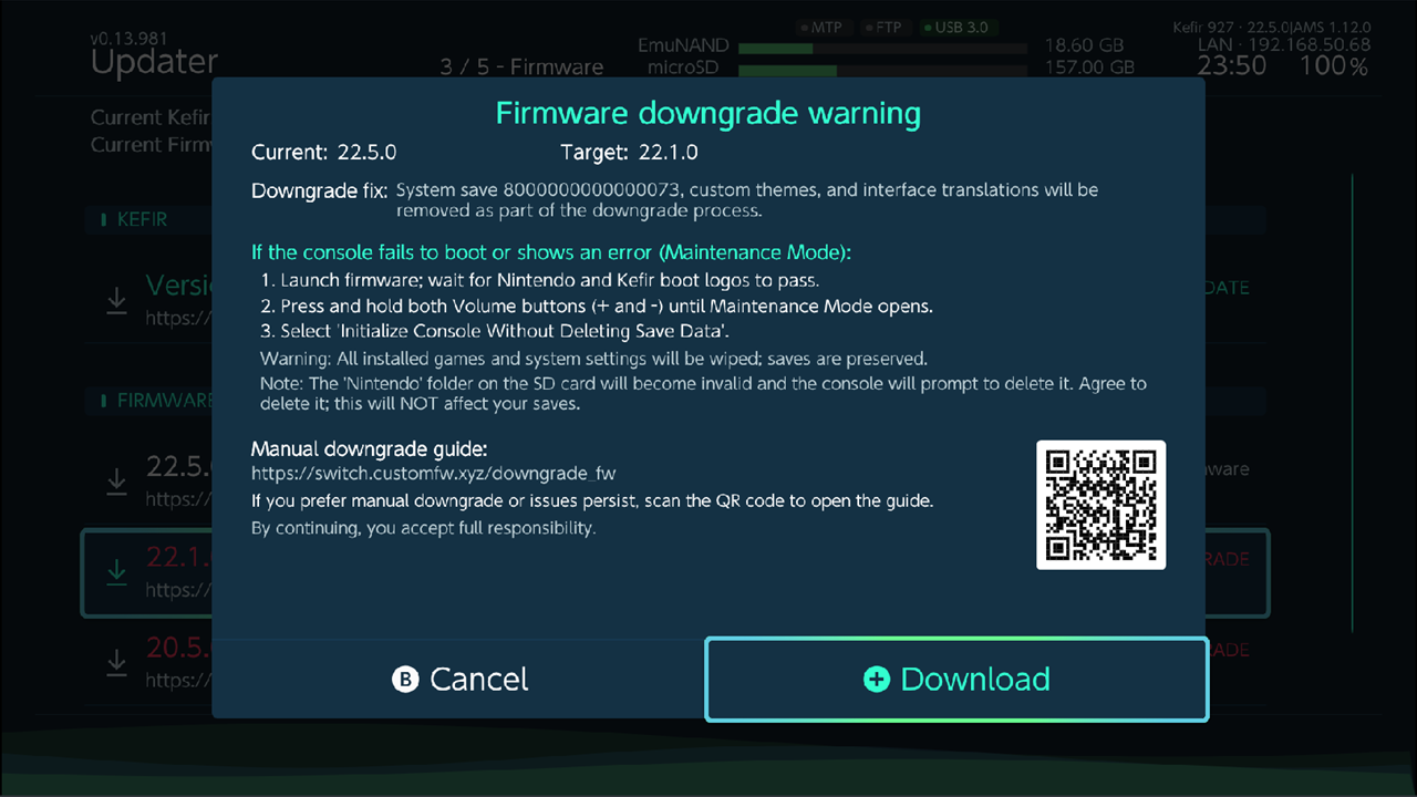 Firmware downgrade warning box: Current/Target versions, downgrade fix note, Maintenance Mode steps, QR code, Cancel / confirm buttons