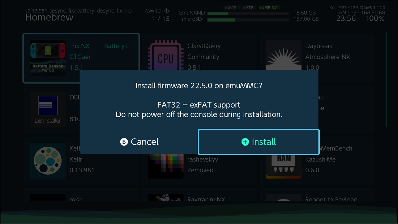 Install firmware prompt with version, sysMMC/emuMMC target, FAT32 + exFAT line, Cancel / Install buttons