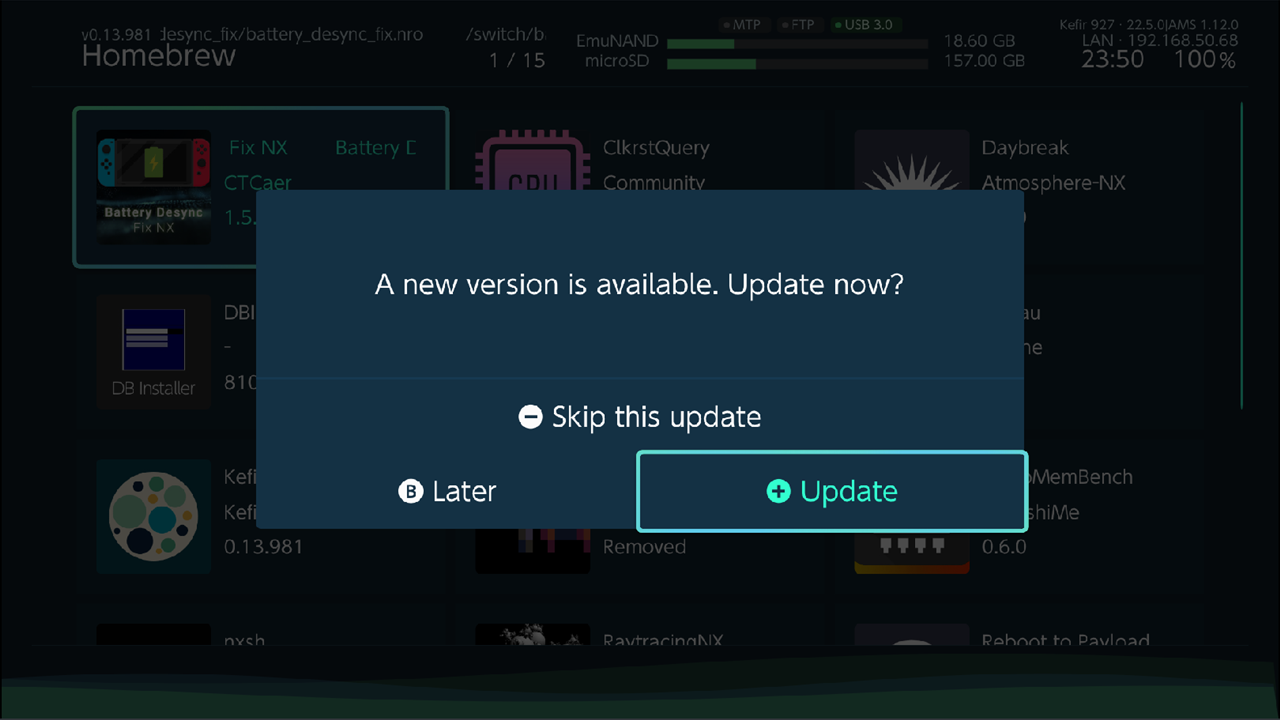 "A new version is available. Update now?" prompt with Later / Skip this update / Update