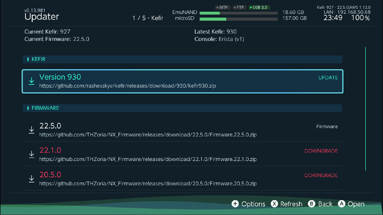 Updater screen in list layout: header with Current Kefir, Latest Kefir, Current Firmware, Console; KEFIR and FIRMWARE sections