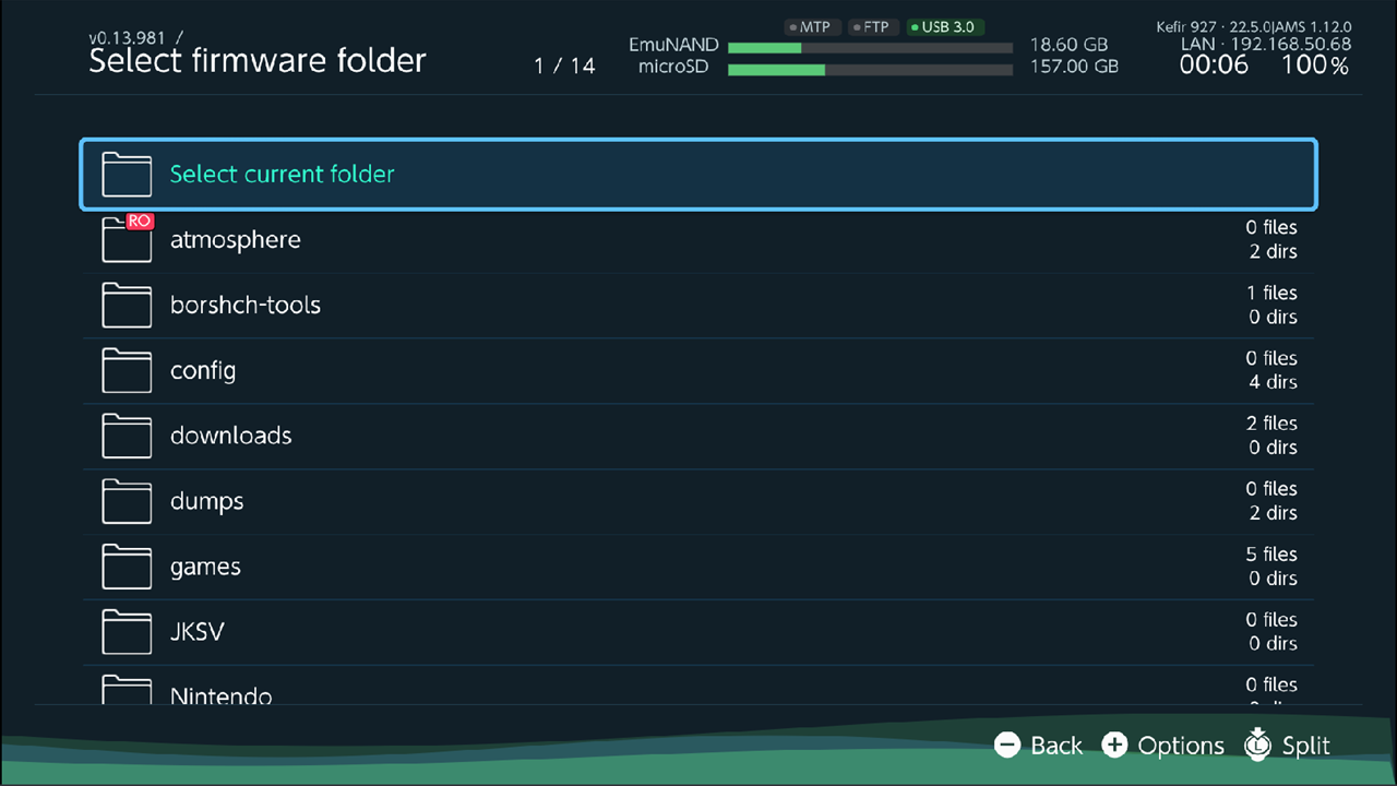 File browser in firmware picker mode, "Select current folder" row at the top