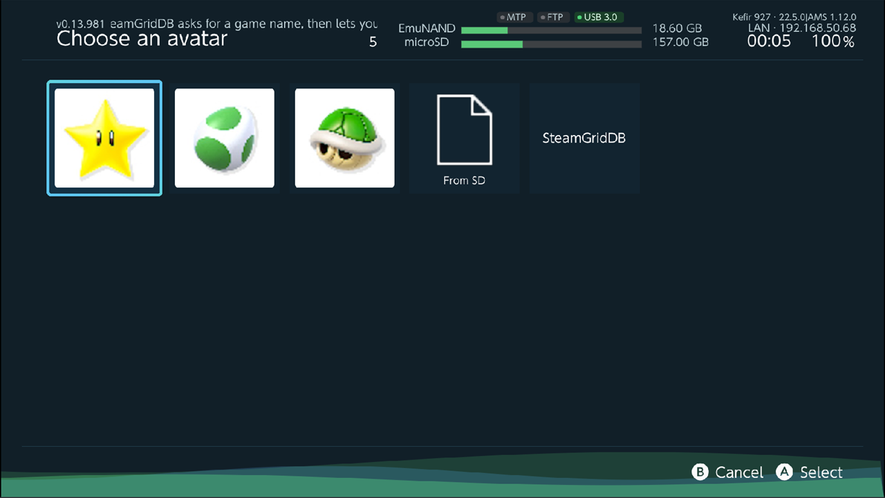 Choose an avatar screen: profile avatars, From SD tile and SteamGridDB tile