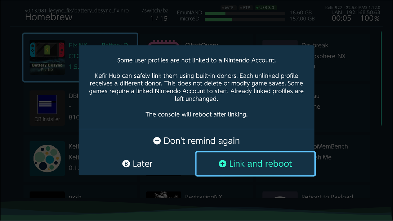 Startup dialog "Some user profiles are not linked" with Later, Don't remind again, Link and reboot