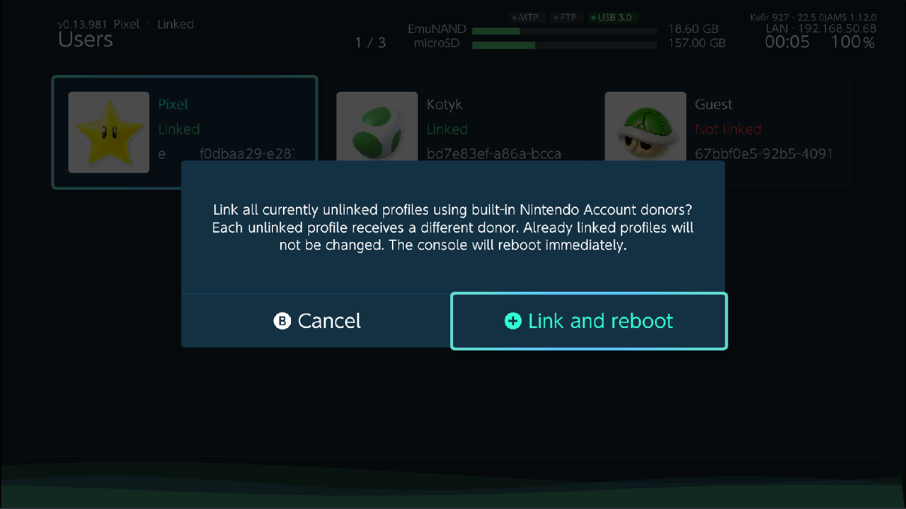 Confirmation dialog for Link Nintendo Account with Link and reboot button