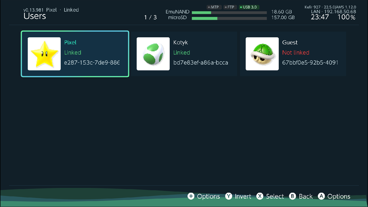 Users screen in the default Grid layout, three profiles: two Linked (green), one Not linked (red)
