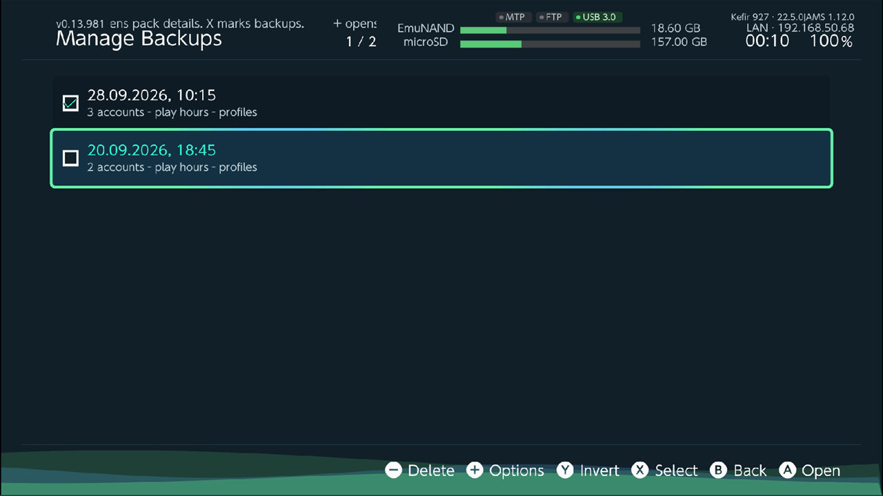 Manage Backups list with two .kefir-nand.zip packs, one marked