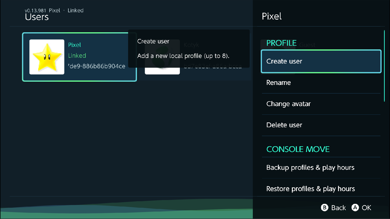 Options sidebar of the Users screen: PROFILE, CONSOLE MOVE, NINTENDO ACCOUNT, VIEW