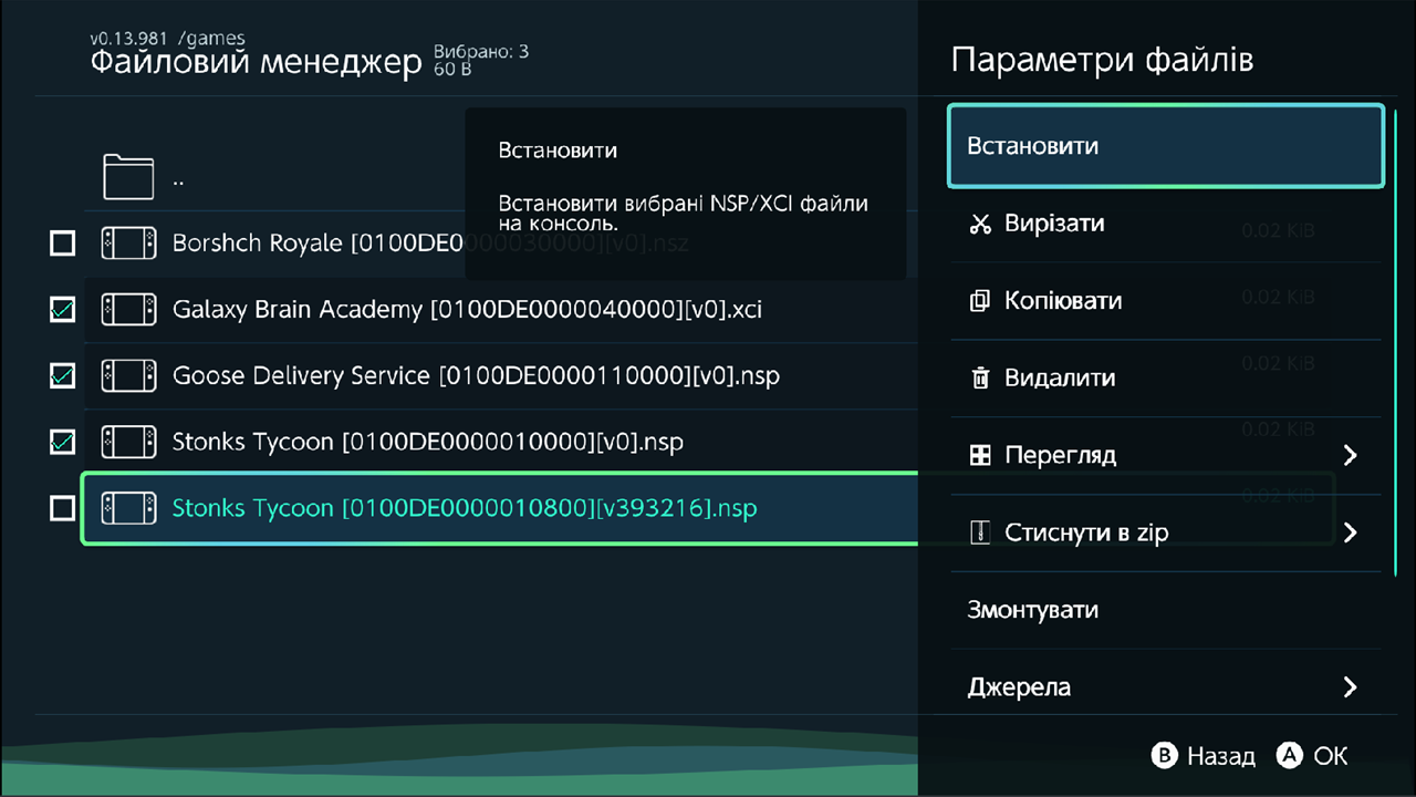 File Browser options menu with Install and Install recursively, three NSP files selected