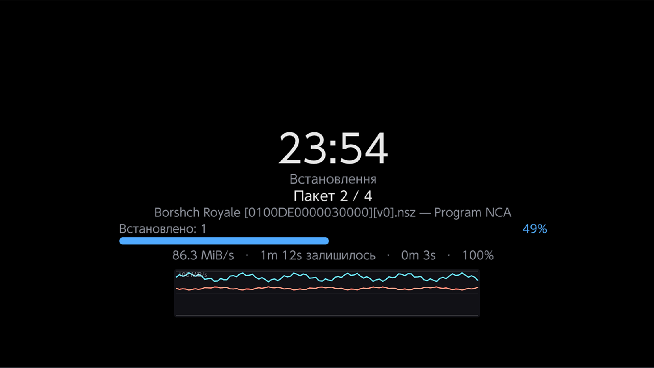 Screensaver during an install with clock, progress bar and battery