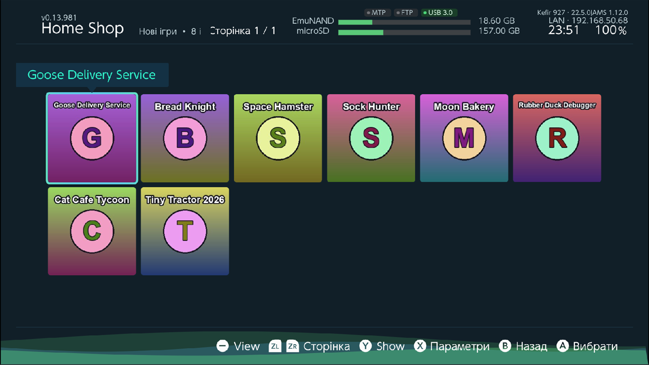 Ownfoil catalog in Icon view, New games selected, page counter visible