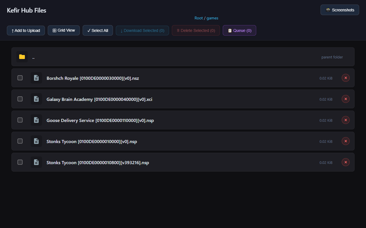 Browser: Kefir Hub Files page in list view, folder crumbs, toolbar with Add to Upload, Select All, Download Selected, Delete Selected, Queue
