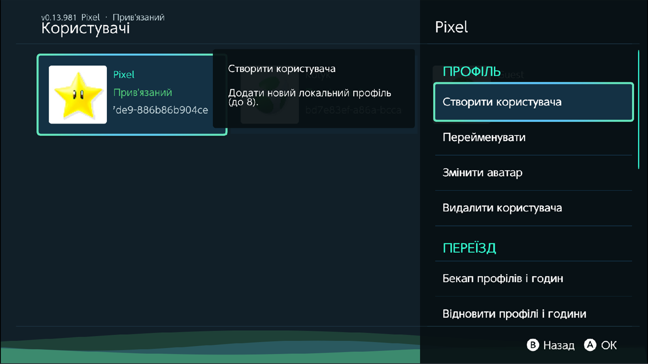 Options sidebar of the Users screen: PROFILE, CONSOLE MOVE, NINTENDO ACCOUNT, VIEW